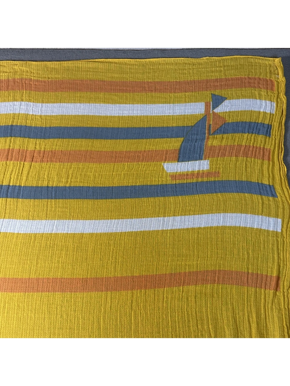 Vintage Lightweight Yellow Striped Scarf with Sailboat Pattern - Picture 4 of 12
